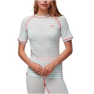 Kari Traa Smale T-Shirt 100% Wool Baselayer Tee Women's L Aqua White Striped